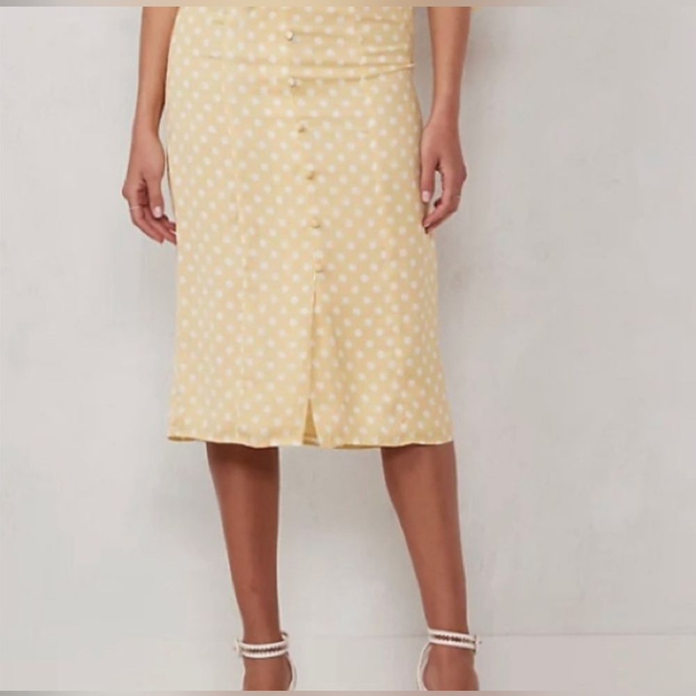 NWT Lauren Conrad XS Butter Yellow & White Polka Dot Midi‎ Skirt Retro Boho